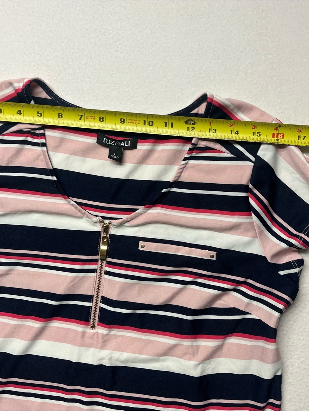 Roz & Ali Womens Pink/Blue Striped Short Sleeve Quarter Zip Top Size Large - Picture 3 of 8